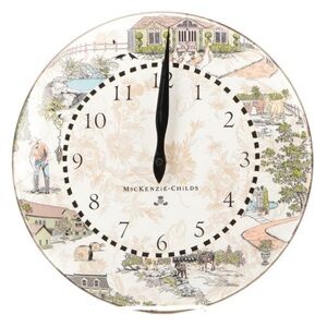 Discontinued….  Mackenzie-Childs enamel Aurora Farm wall clock.